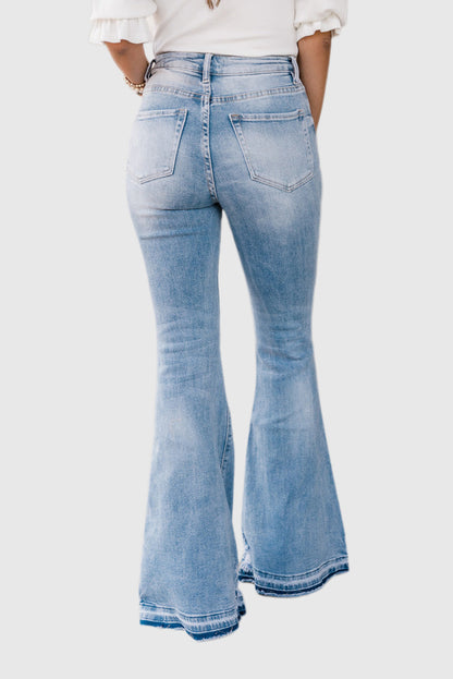 Sky Blue High-Waisted Button Front Distressed Flared Jeans