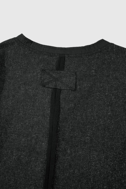 Acid Wash Waffle Knit Buttoned Neckline Long Sleeve Top