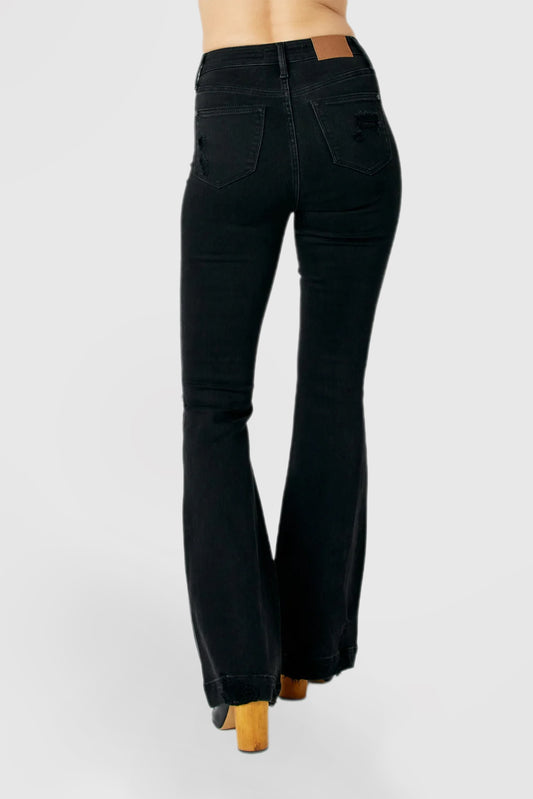 High-Rise Black Jeans with Tummy Control and Distressed Details
