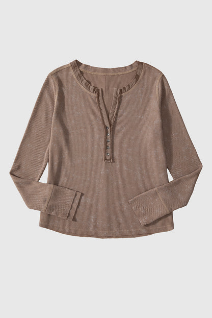 Acid Wash Waffle Knit Buttoned Neckline Long Sleeve Top