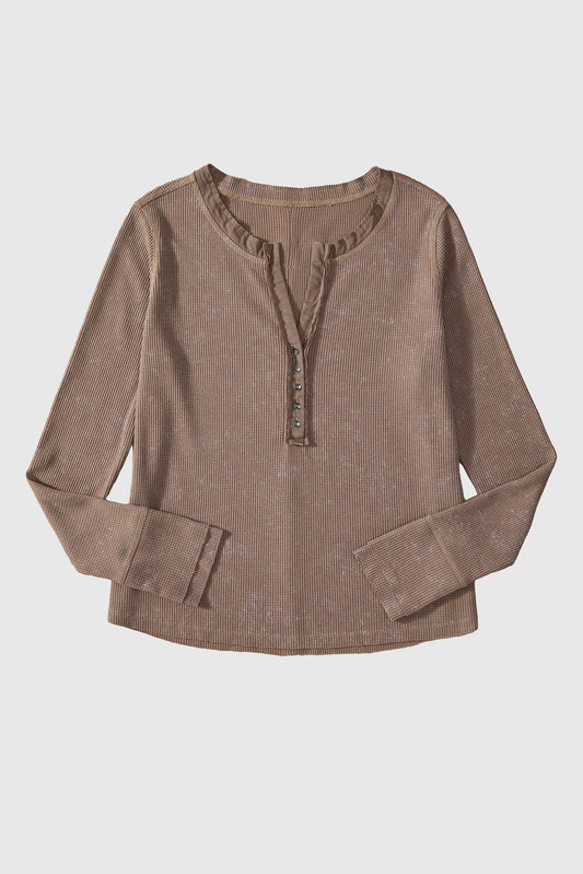 Acid Wash Waffle Knit Buttoned Neckline Long Sleeve Top