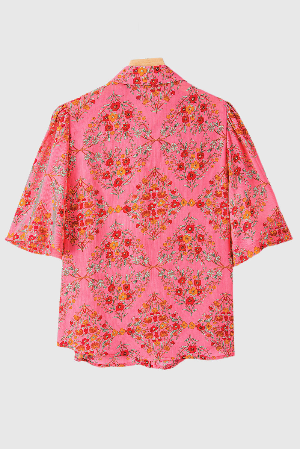 Rose Red Floral Print Wide Short Sleeve Loose Shirt