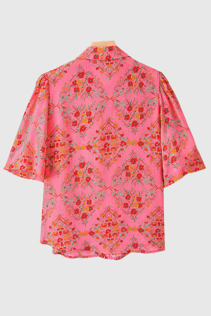 Rose Red Floral Print Wide Short Sleeve Loose Shirt