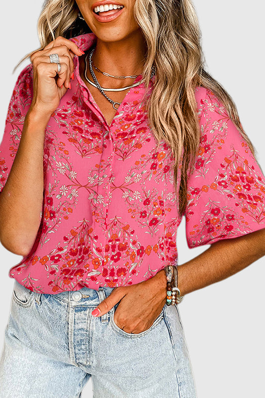 Rose Red Floral Print Wide Short Sleeve Loose Shirt