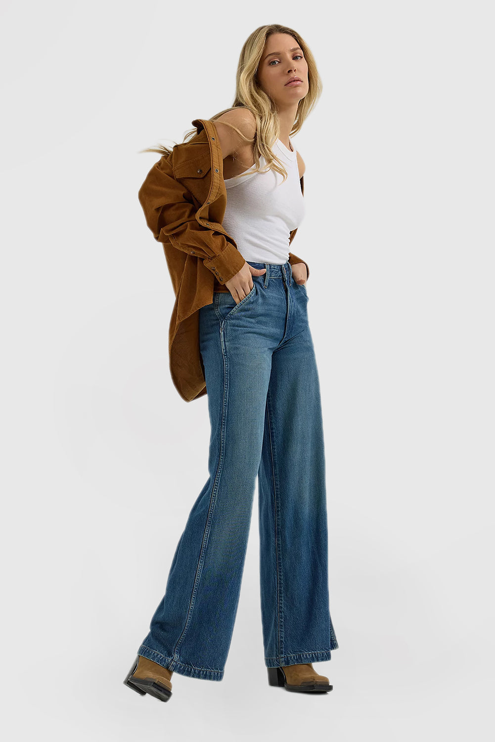Blue High Waisted Women's Jeans Fitted Wide Leg Pants