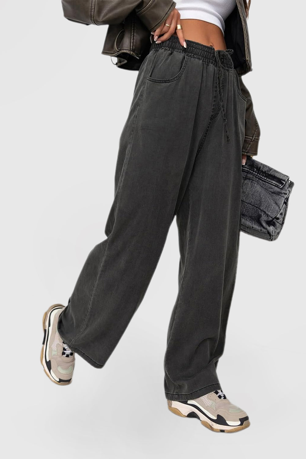 Women's High-Rise Wide-Leg Drawstring Denim Pants