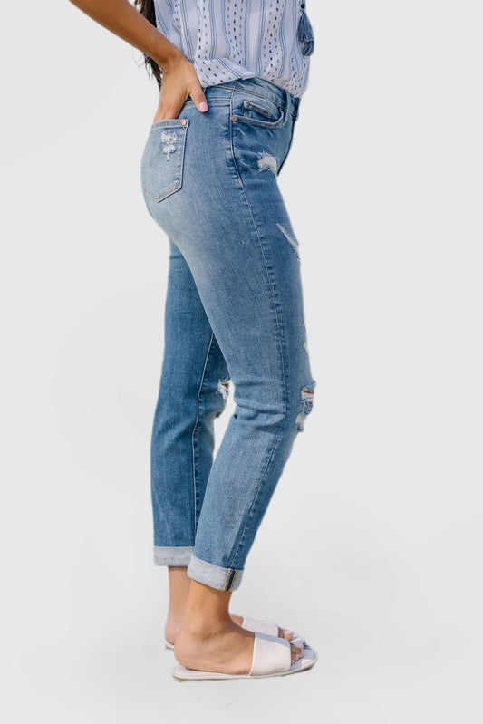 Women's High Waisted Cuffed Ripped Jeans