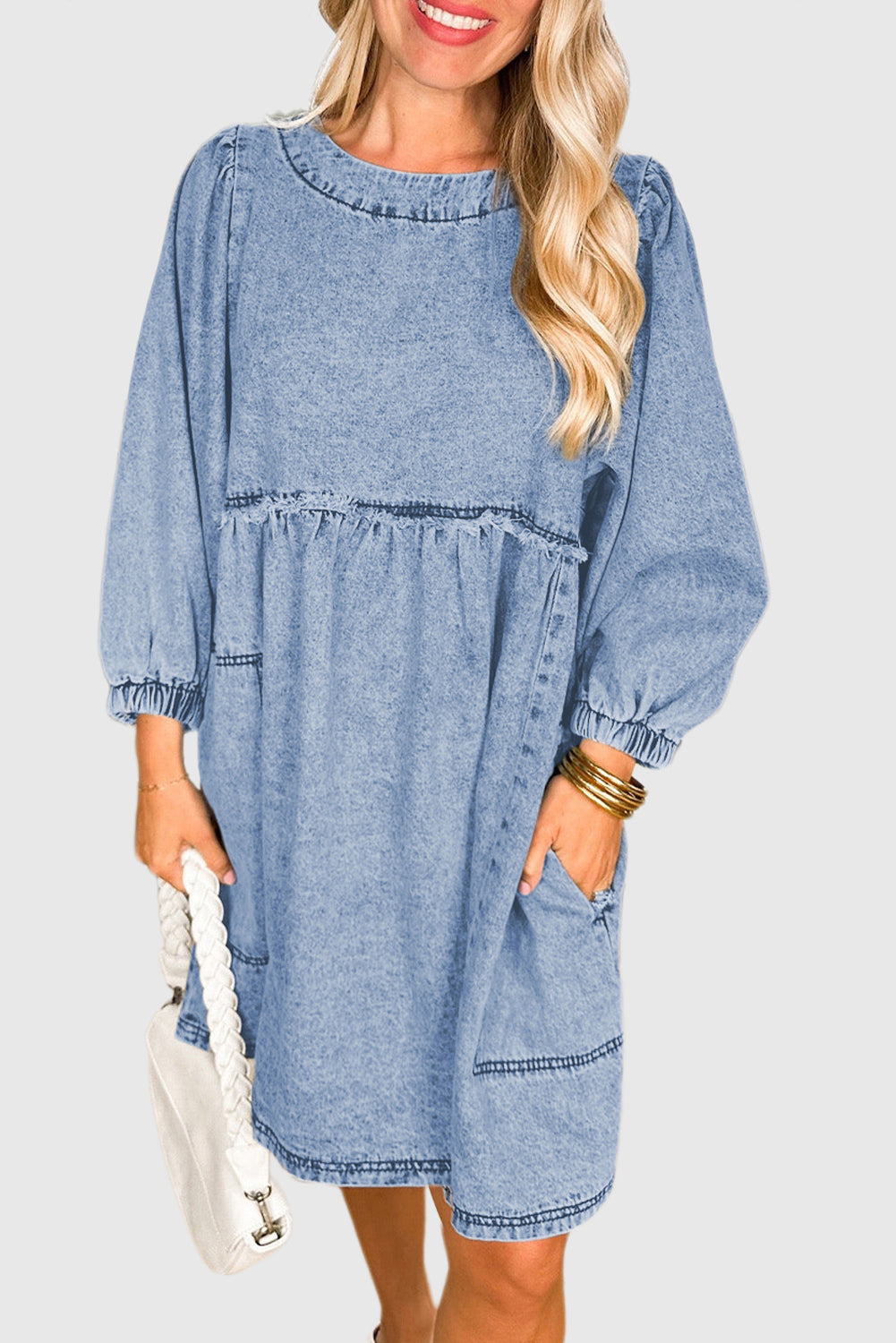 Beau Blue Light Wash High Waist Loose Fit Denim Mini Dress