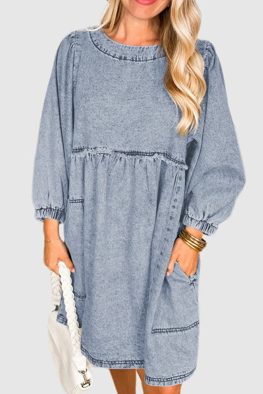 Beau Blue Light Wash High Waist Loose Fit Denim Mini Dress