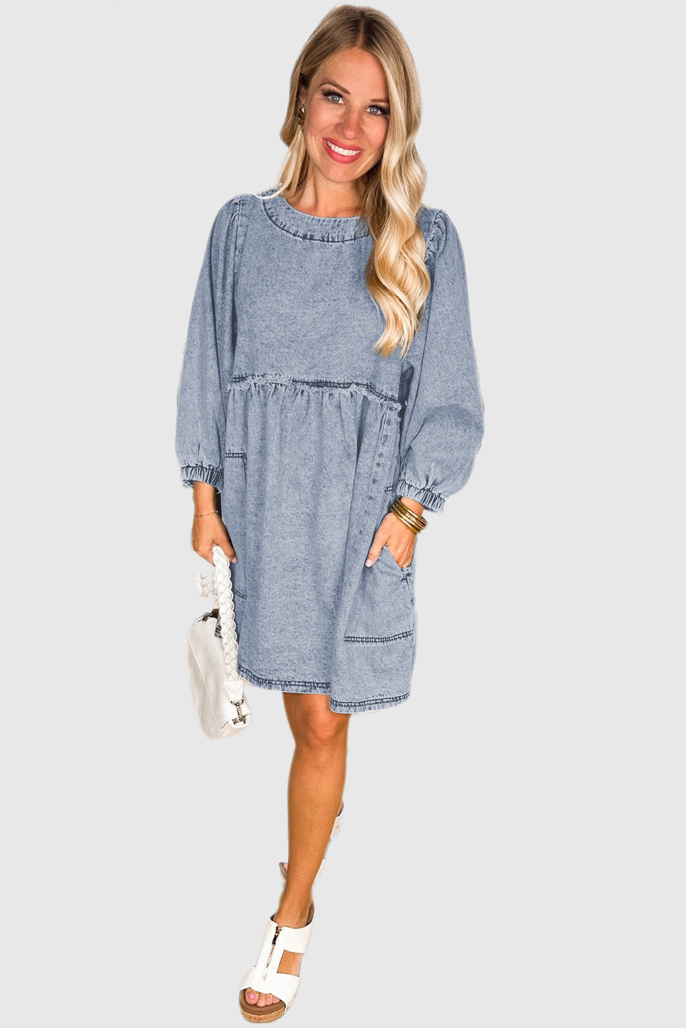 Beau Blue Light Wash High Waist Loose Fit Denim Mini Dress