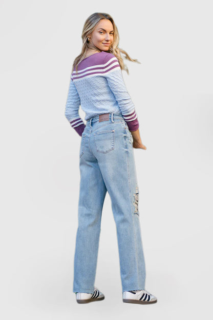 High-Rise 90s-Inspired Distressed Straight-Leg Rigid Denim Jeans