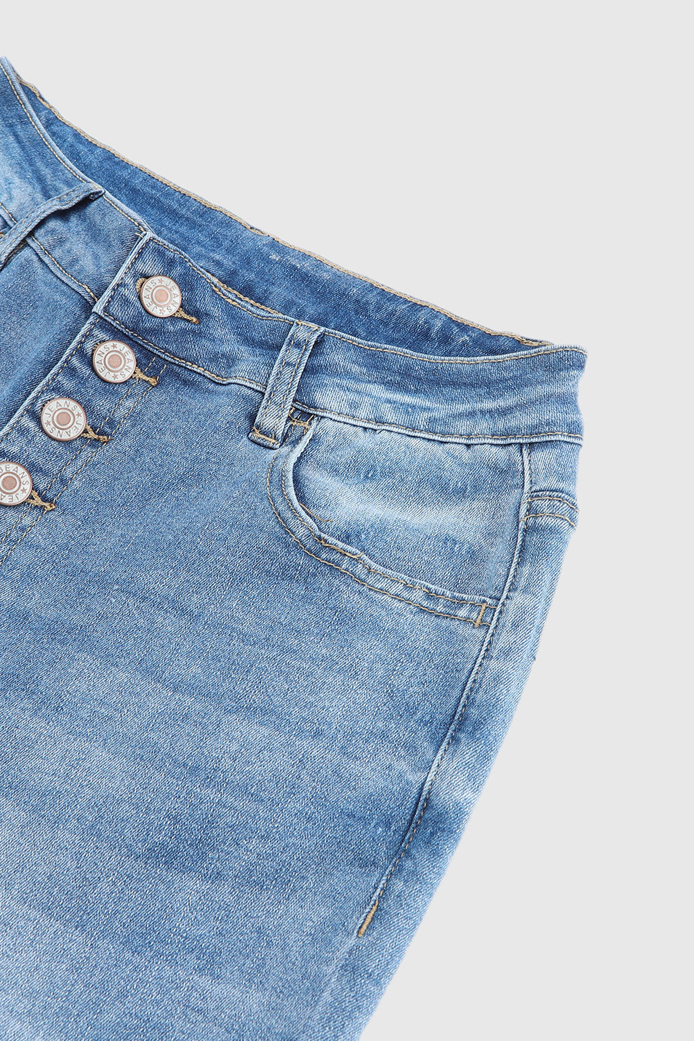 Sky Blue High-Waisted Button Front Distressed Flared Jeans