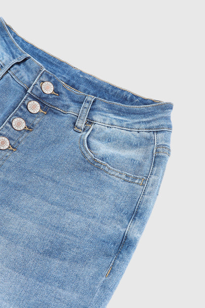 Sky Blue High-Waisted Button Front Distressed Flared Jeans