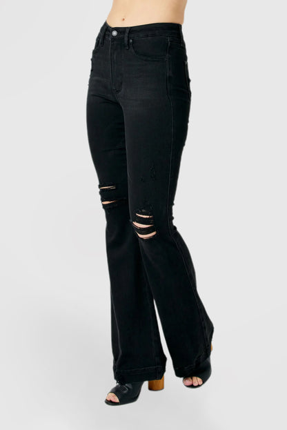 High-Rise Black Jeans with Tummy Control and Distressed Details