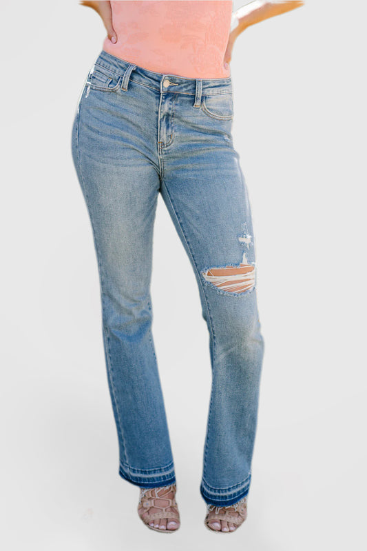 Mid-Rise Bootcut Jeans with Embossed Hem Rips