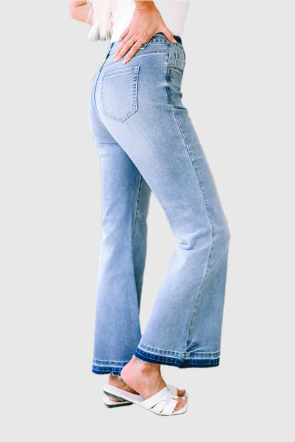 Sky Blue High-Waisted Button Front Distressed Flared Jeans