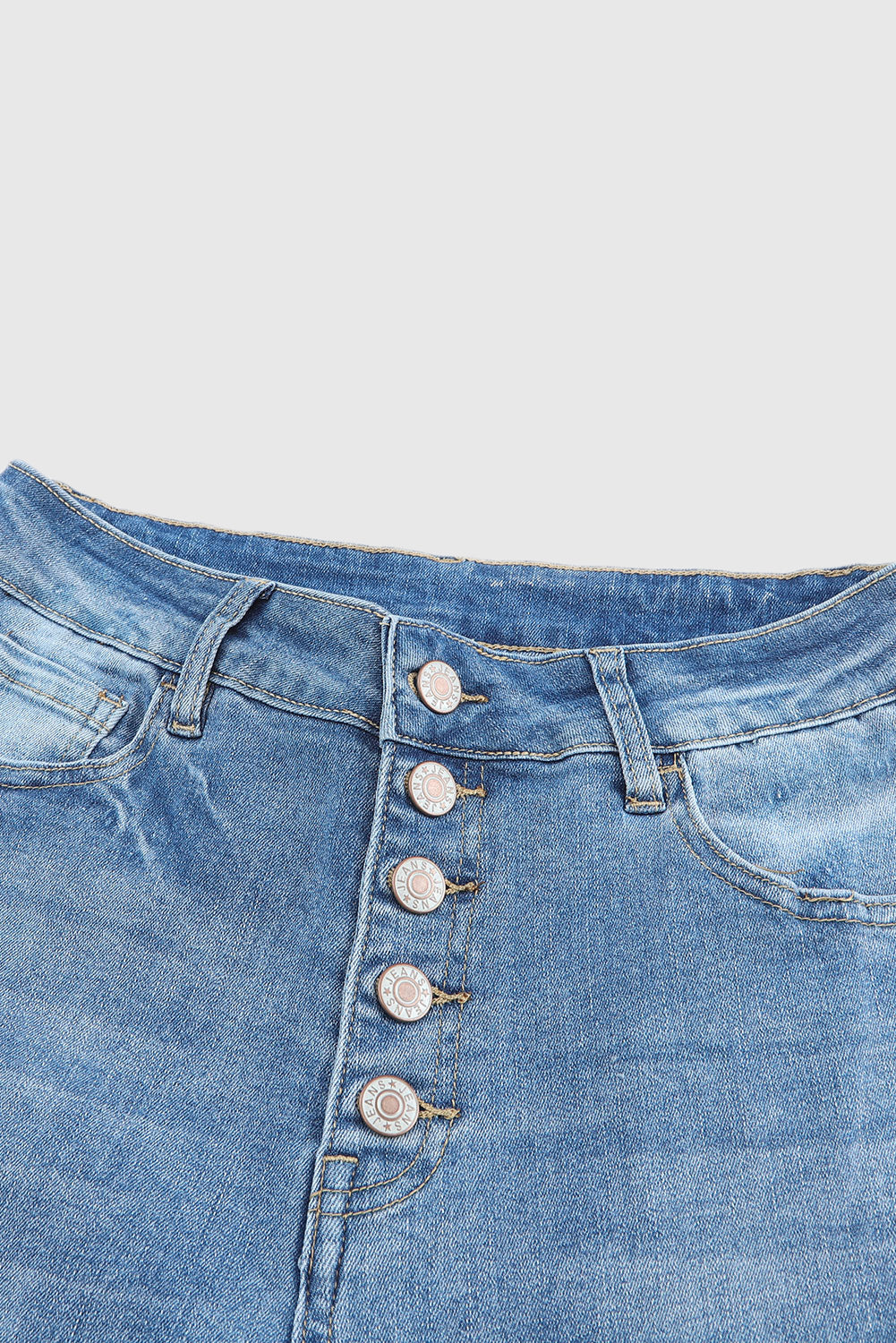 Sky Blue High-Waisted Button Front Distressed Flared Jeans