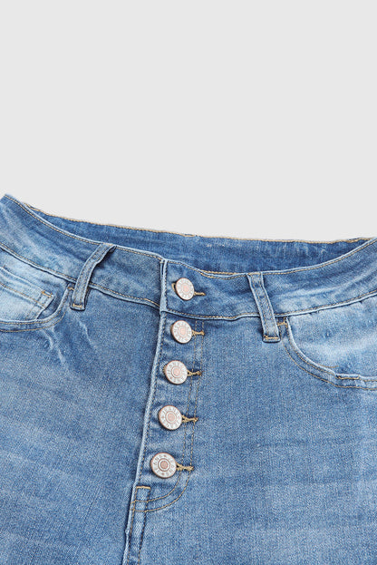 Sky Blue High-Waisted Button Front Distressed Flared Jeans