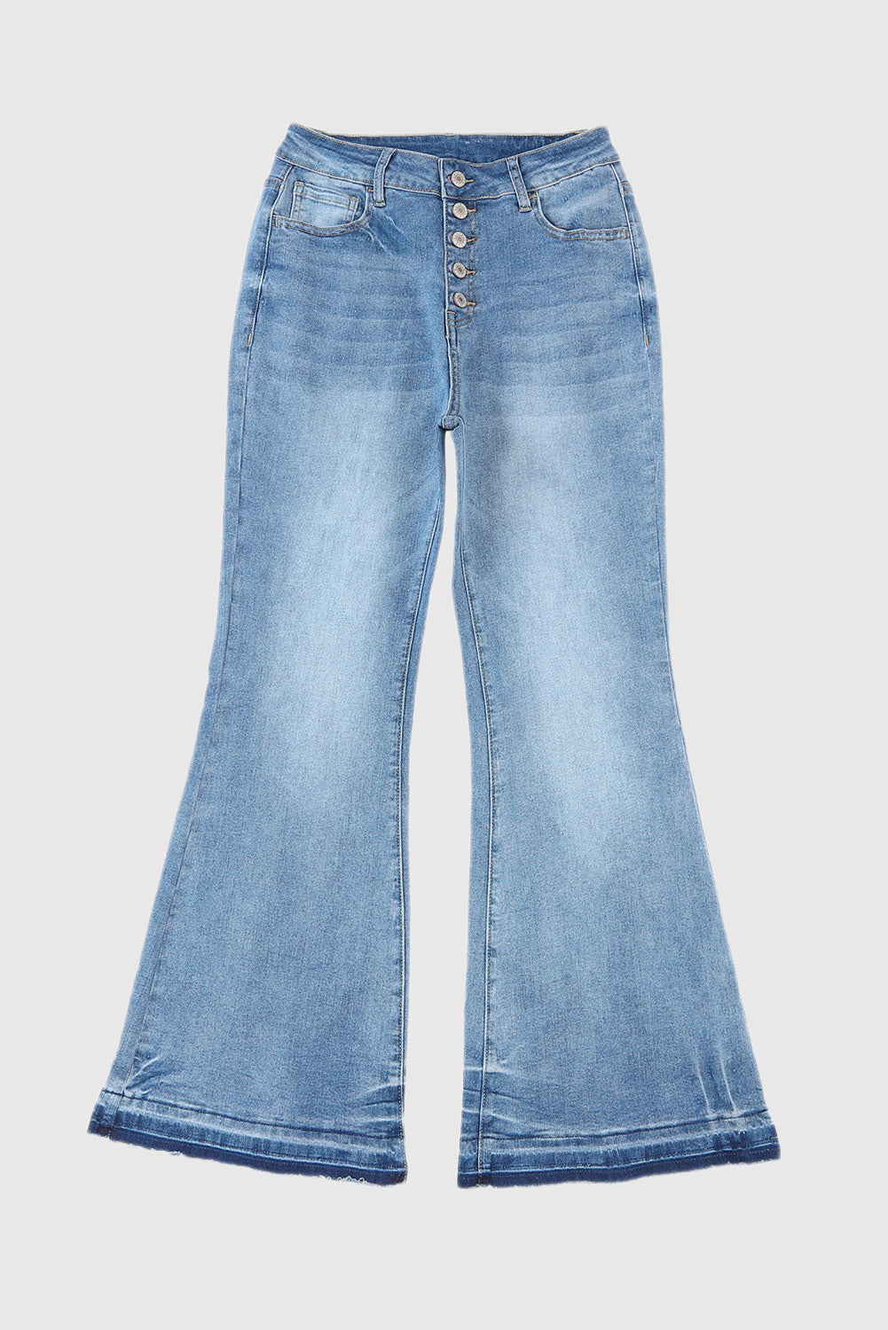 Sky Blue High-Waisted Button Front Distressed Flared Jeans