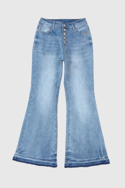 Sky Blue High-Waisted Button Front Distressed Flared Jeans
