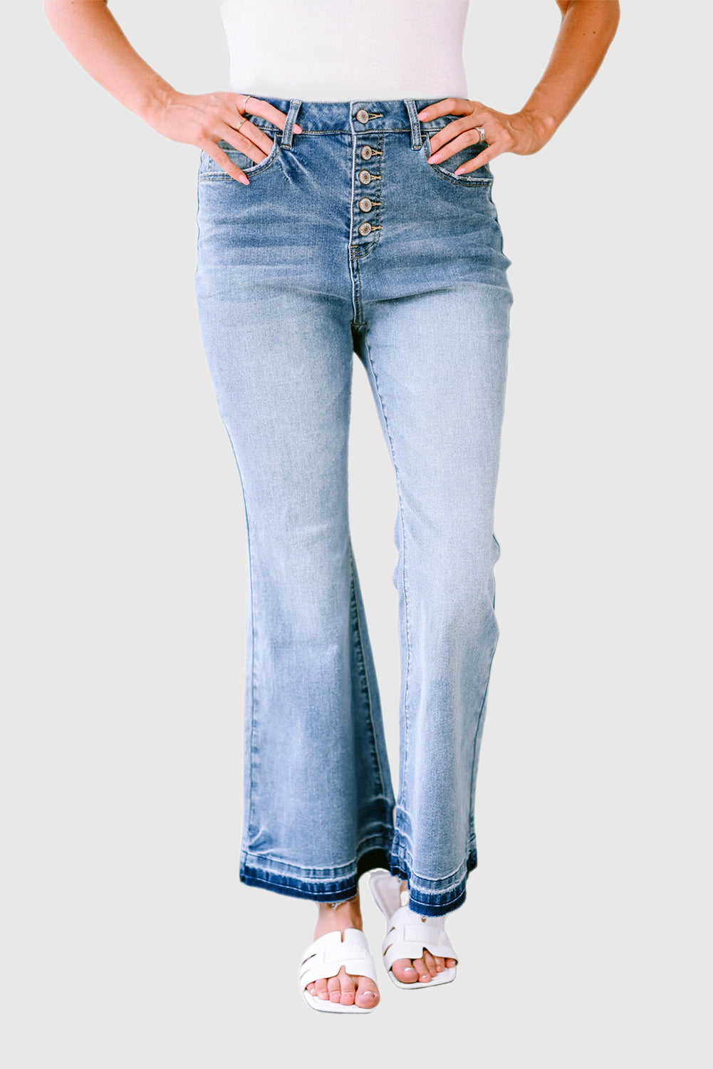 Sky Blue High-Waisted Button Front Distressed Flared Jeans