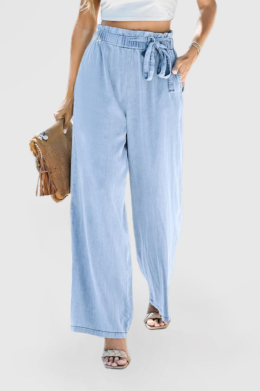 Women's High-Rise Wide-Leg Drawstring Denim Pants