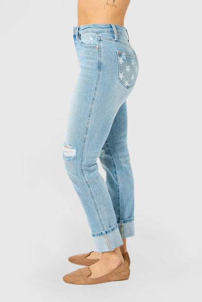 Mid-Rise Jeans with Americana Flag Cuffs and Star Detailing