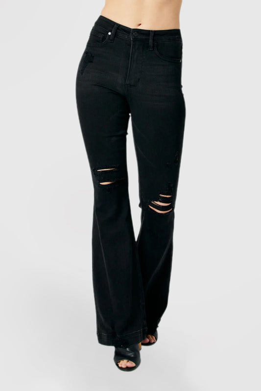 High-Rise Black Jeans with Tummy Control and Distressed Details