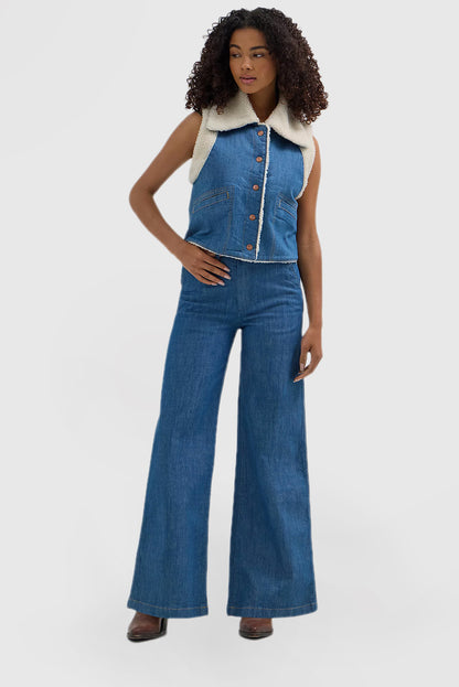 Blue High Waisted Women's Jeans Fitted Wide Leg Pants
