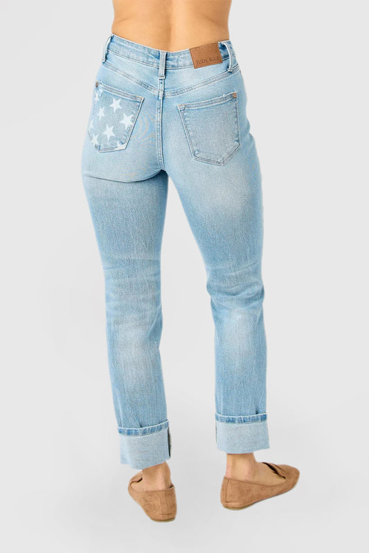 Mid-Rise Jeans with Americana Flag Cuffs and Star Detailing