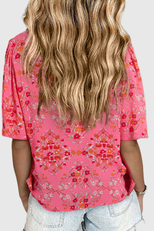 Rose Red Floral Print Wide Short Sleeve Loose Shirt