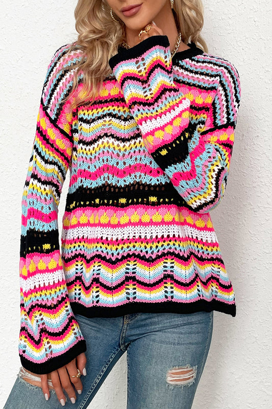Boho Retro Rainbow Crochet Stripe Sweater