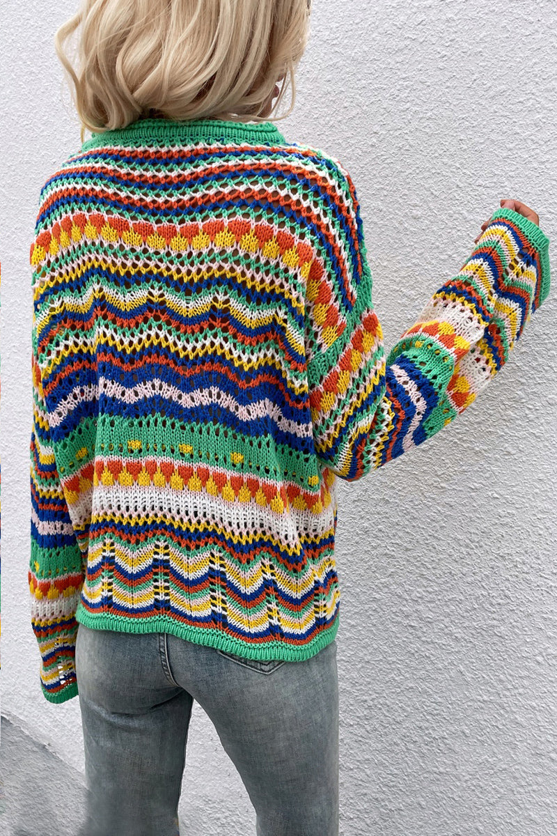Boho Retro Rainbow Crochet Stripe Sweater