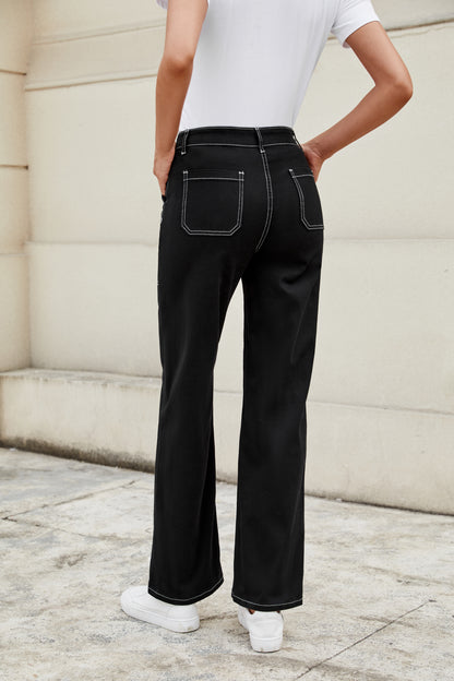 Loose Fit Jeans with Contrast Stitching and Multiple Pockets
