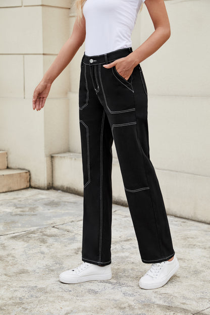 Loose Fit Jeans with Contrast Stitching and Multiple Pockets