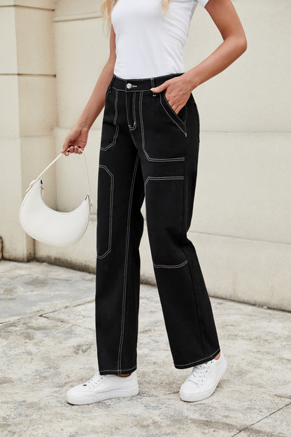 Loose Fit Jeans with Contrast Stitching and Multiple Pockets