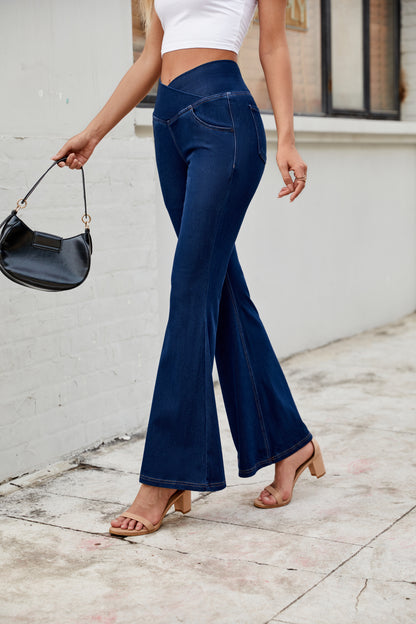 Women's Solid Crossed High Waist Fit Flare Jeans