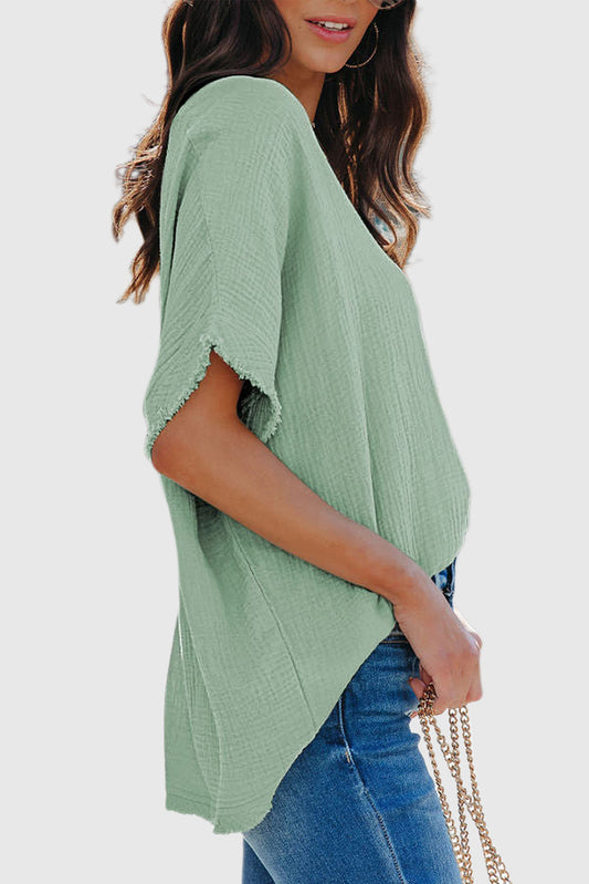 Solid Color Short Sleeve V Neck Shirts Oversized Solid Blouses Tops