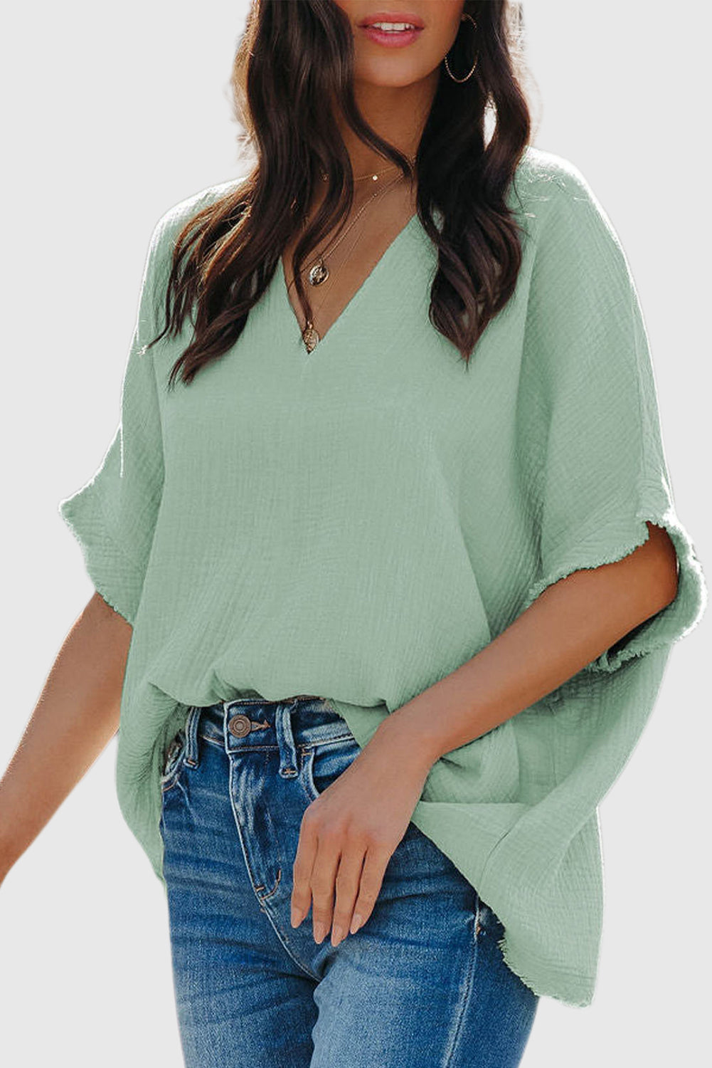 Solid Color Short Sleeve V Neck Shirts Oversized Solid Blouses Tops
