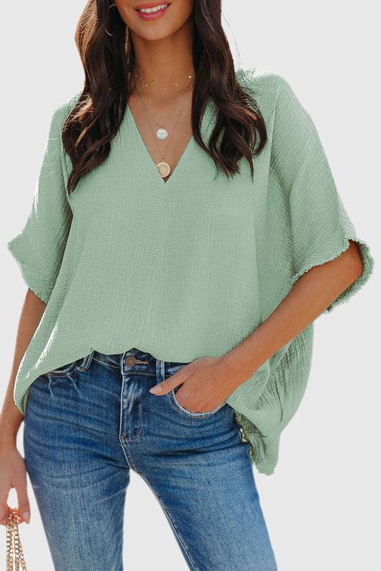 Solid Color Short Sleeve V Neck Shirts Oversized Solid Blouses Tops