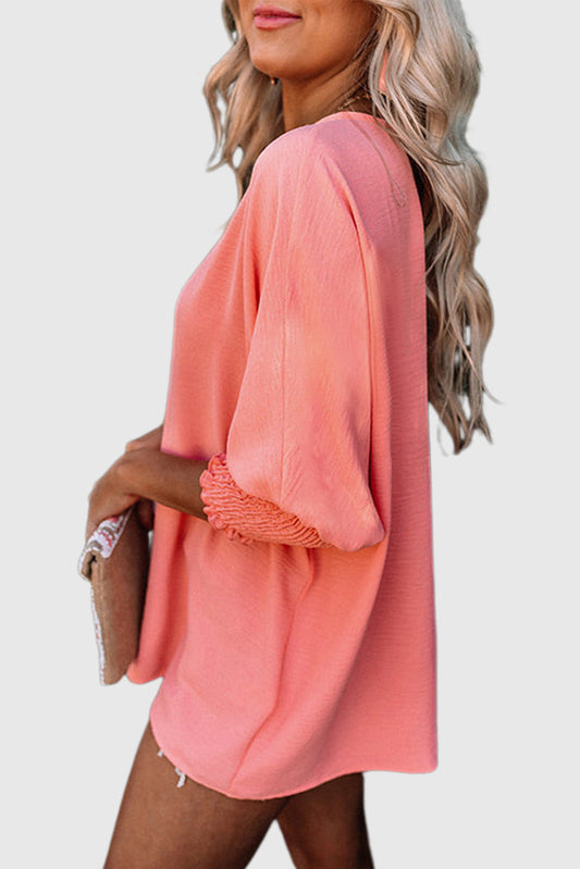 Solid Color Round Collar Lock Cuff Short Sleeve Shirt
