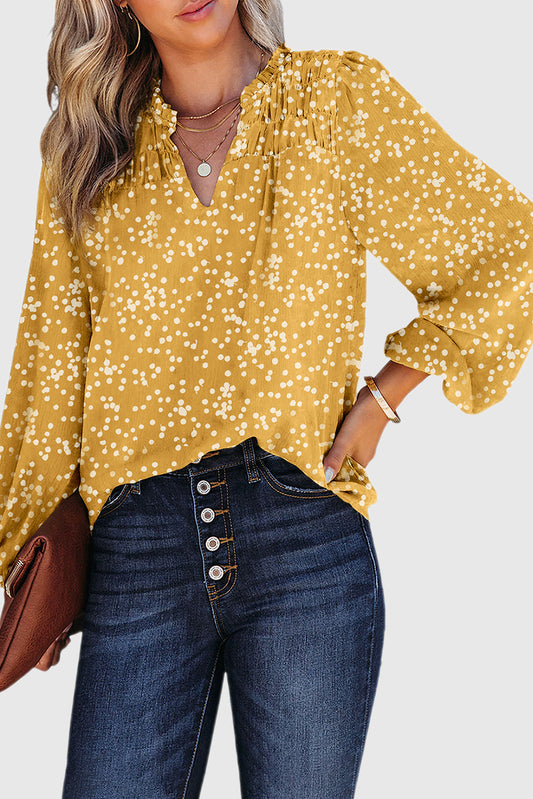 Yellow Split Neck Fall Printed Crinkled Blouse