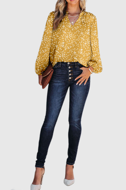 Yellow Split Neck Fall Printed Crinkled Blouse