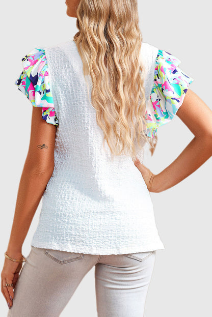 White Voluminous Printed Puff Sleeve Textured Top