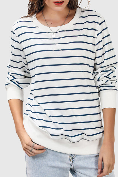 Striped Print Ribbed Trim Long Sleeve Top