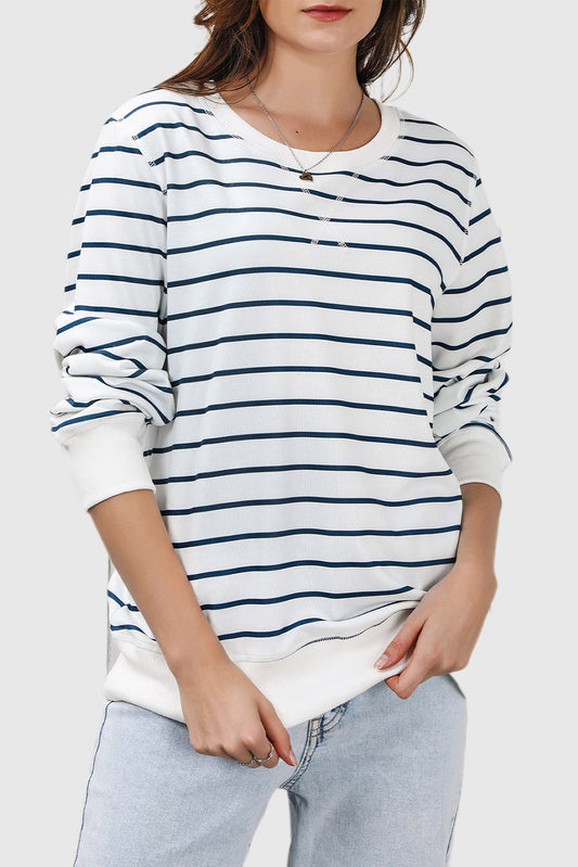 Striped Print Ribbed Trim Long Sleeve Top