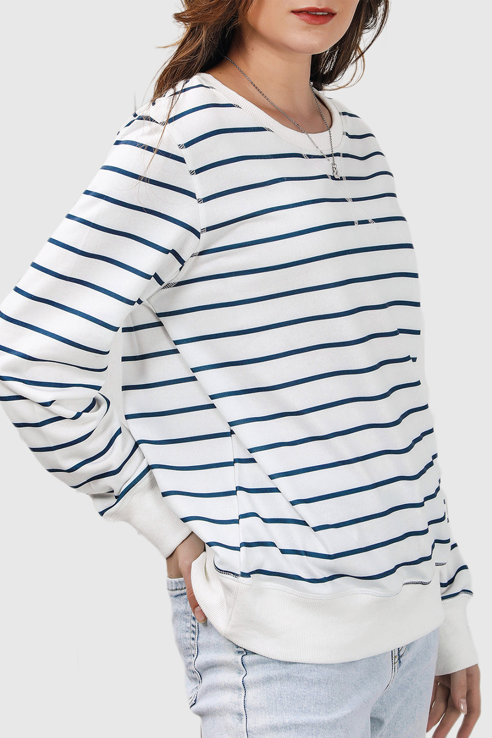 Striped Print Ribbed Trim Long Sleeve Top
