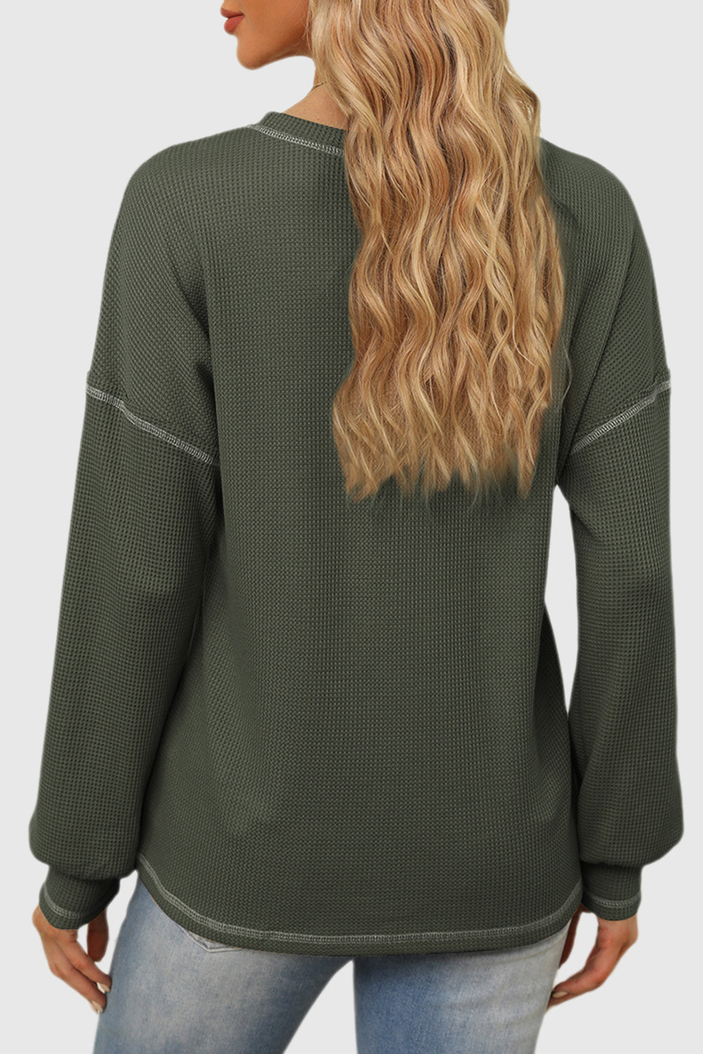 Contrast Exposed Stitching Waffle Knit Blouse