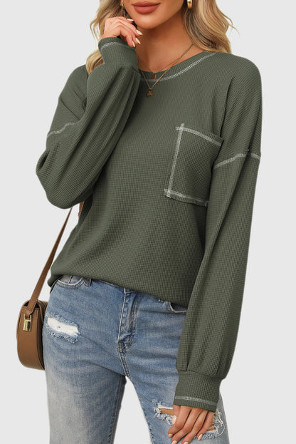 Contrast Exposed Stitching Waffle Knit Blouse