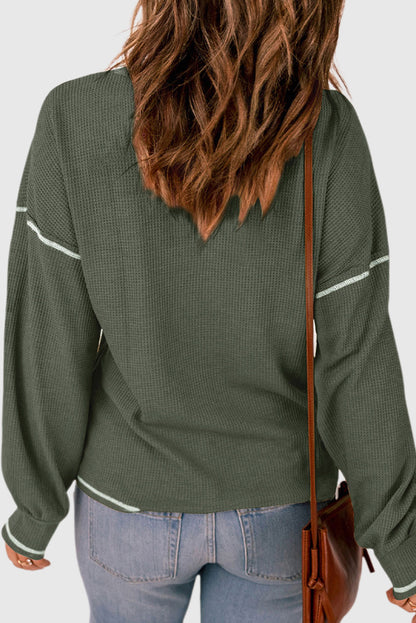 Contrast Exposed Stitching Waffle Knit Blouse